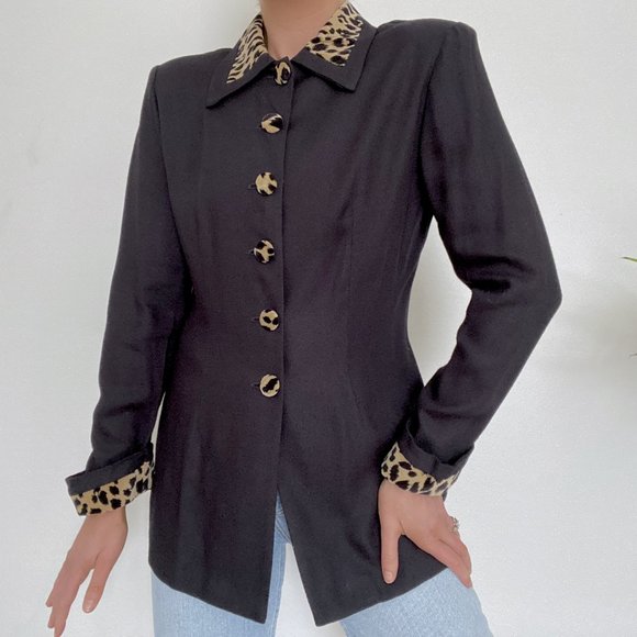 80s Black Cheetah Print Trim Peacoat - Picture 6 of 8